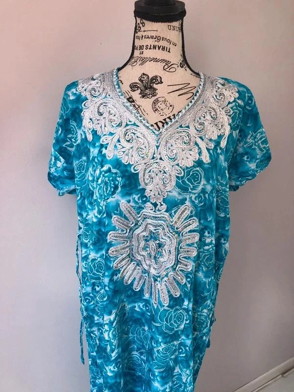 Turquoise embroidered djellaba / caftan-style maxi dress – One Size – photo 3
